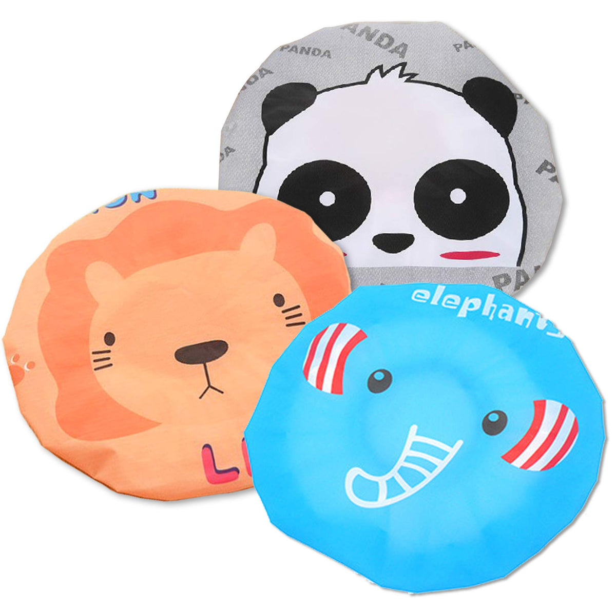 Ixiaopet Waterproof Shower Cap Set For Women & Kids - Cute Cartoon, 3 Pcs (Panda+Elephant+Lion