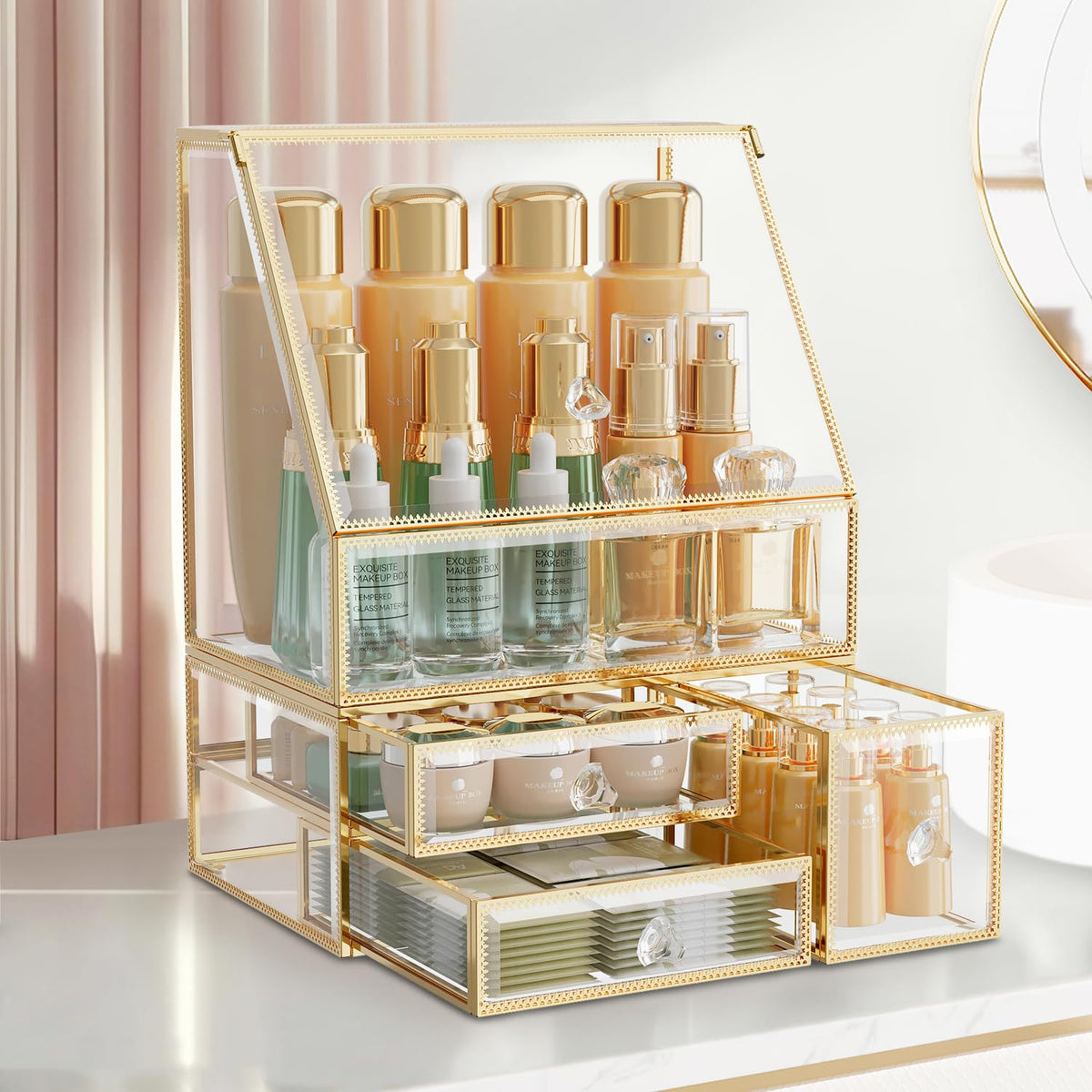 Coralhouse Gold Tempered Glass Makeup Organizer With Drawer - Cosmetic Storage For Vanity