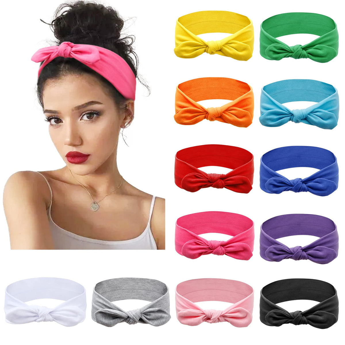 Huachi 12 Pack Bow Headbands For Women - Stretchy Knotted Hair Wraps With Rabbit Ears