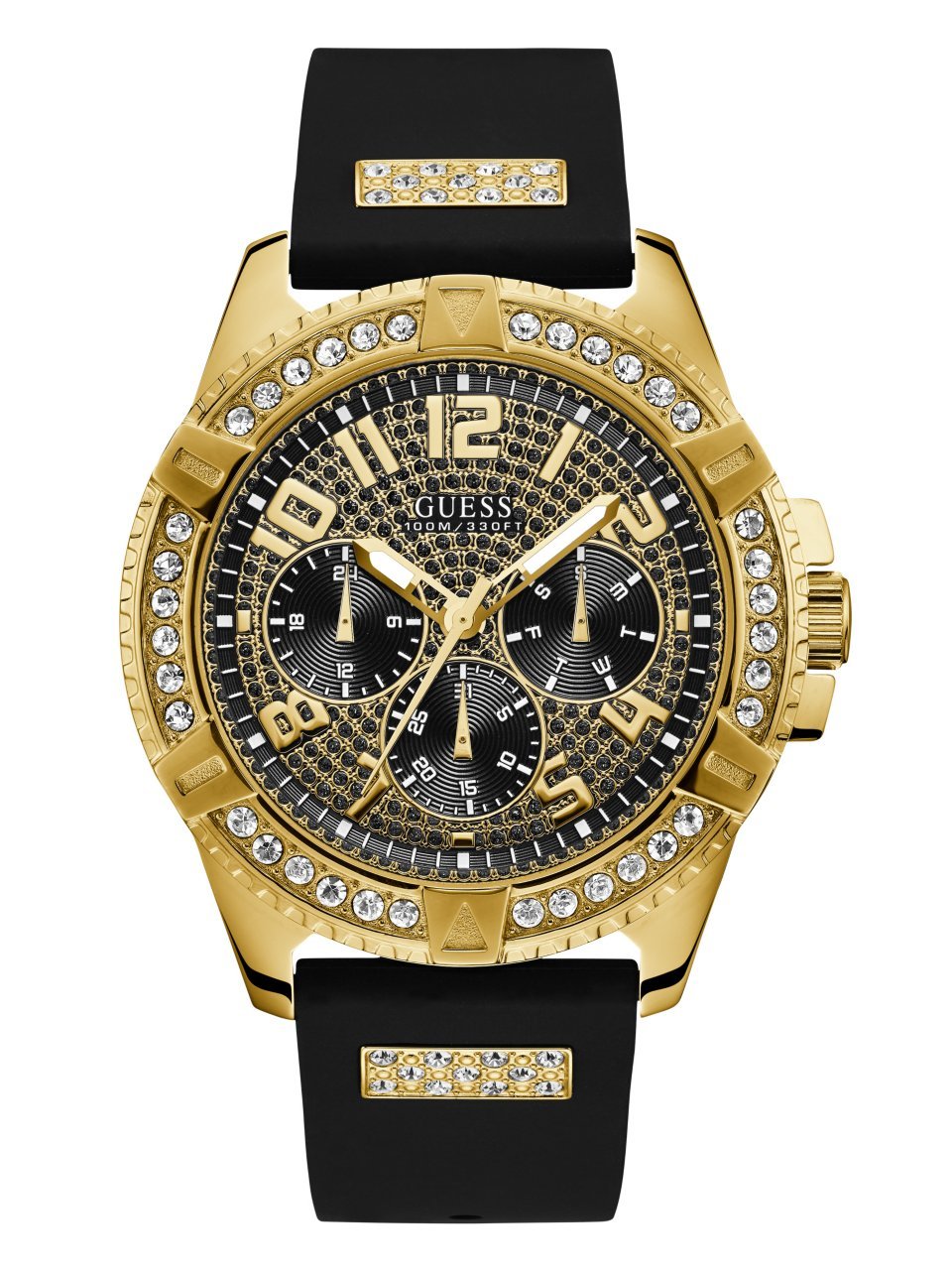 Guess Gold-Tone Black Silicone Watch, Crystal Day/Date, Military Time, Model U1132G1