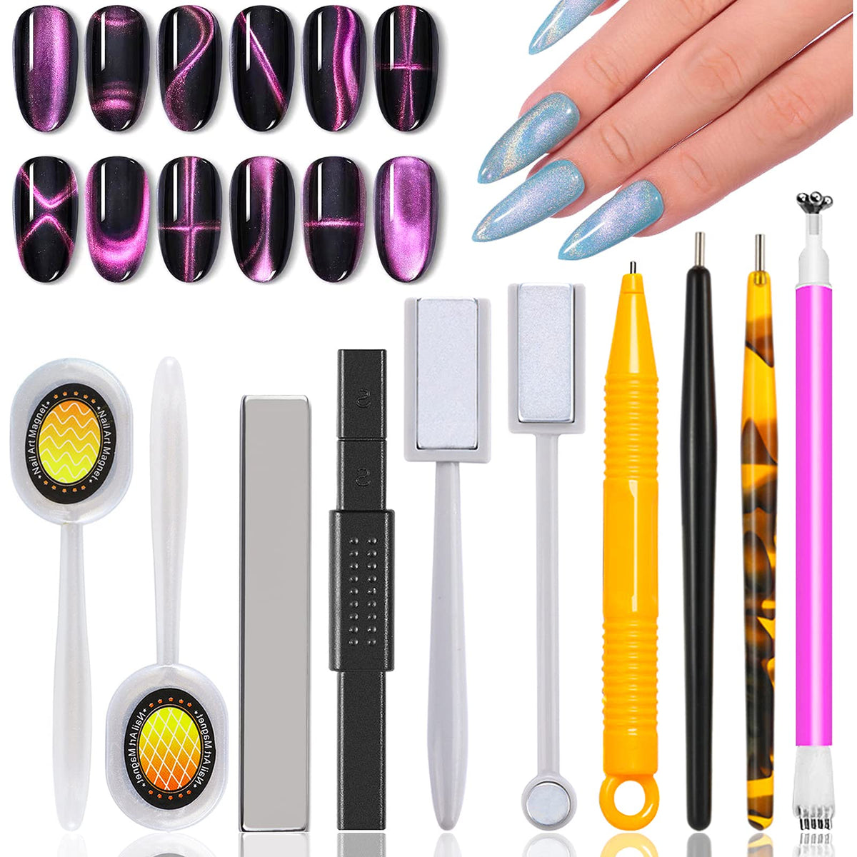 Xeaohesy 10-Piece Nail Magnet Tool Set, Double-Head Flower Design, Cat Eye Gel Polish Art