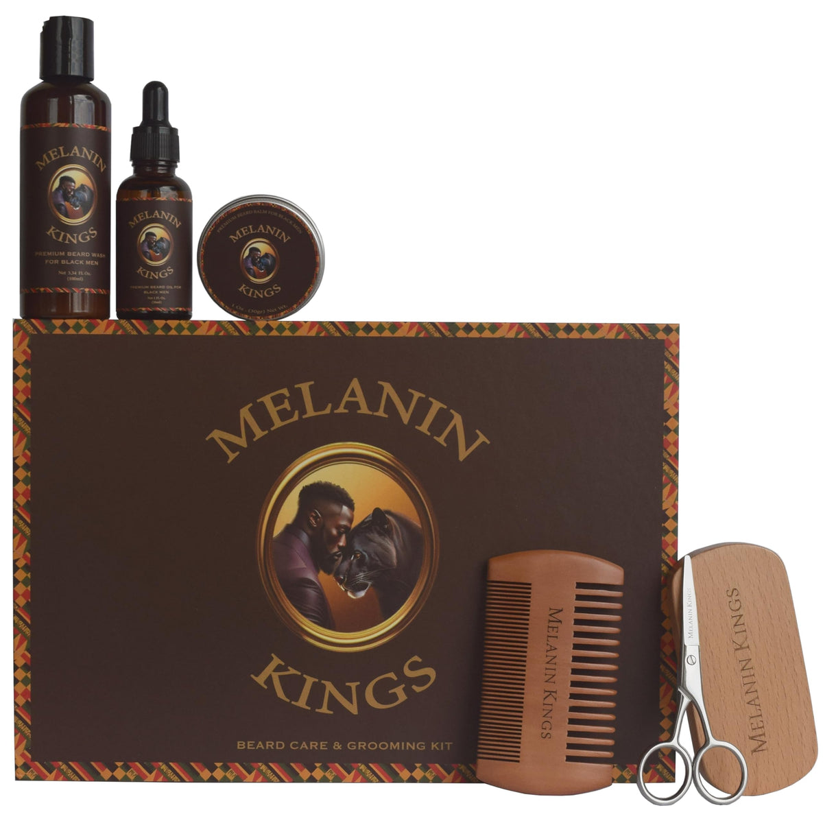 Melanin Kings Beard Grooming Kit - 6 Piece Set, Natural Ingredients, Wash, Oil, Balm, Comb, Scissors