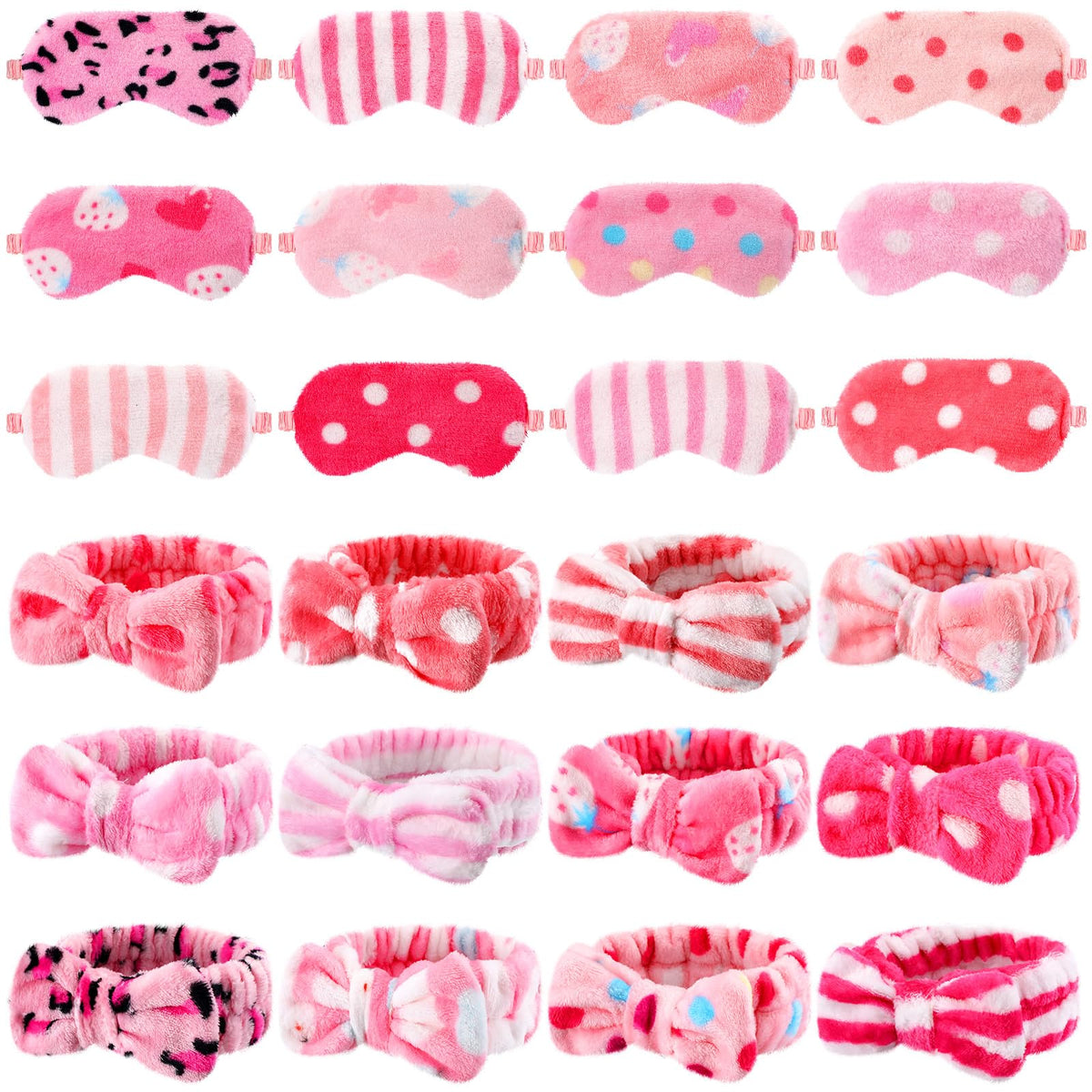 Xuhal 24 Pcs Spa Party Favors - Soft Makeup Headbands & Sleep Masks, Pink Dots & Stripes