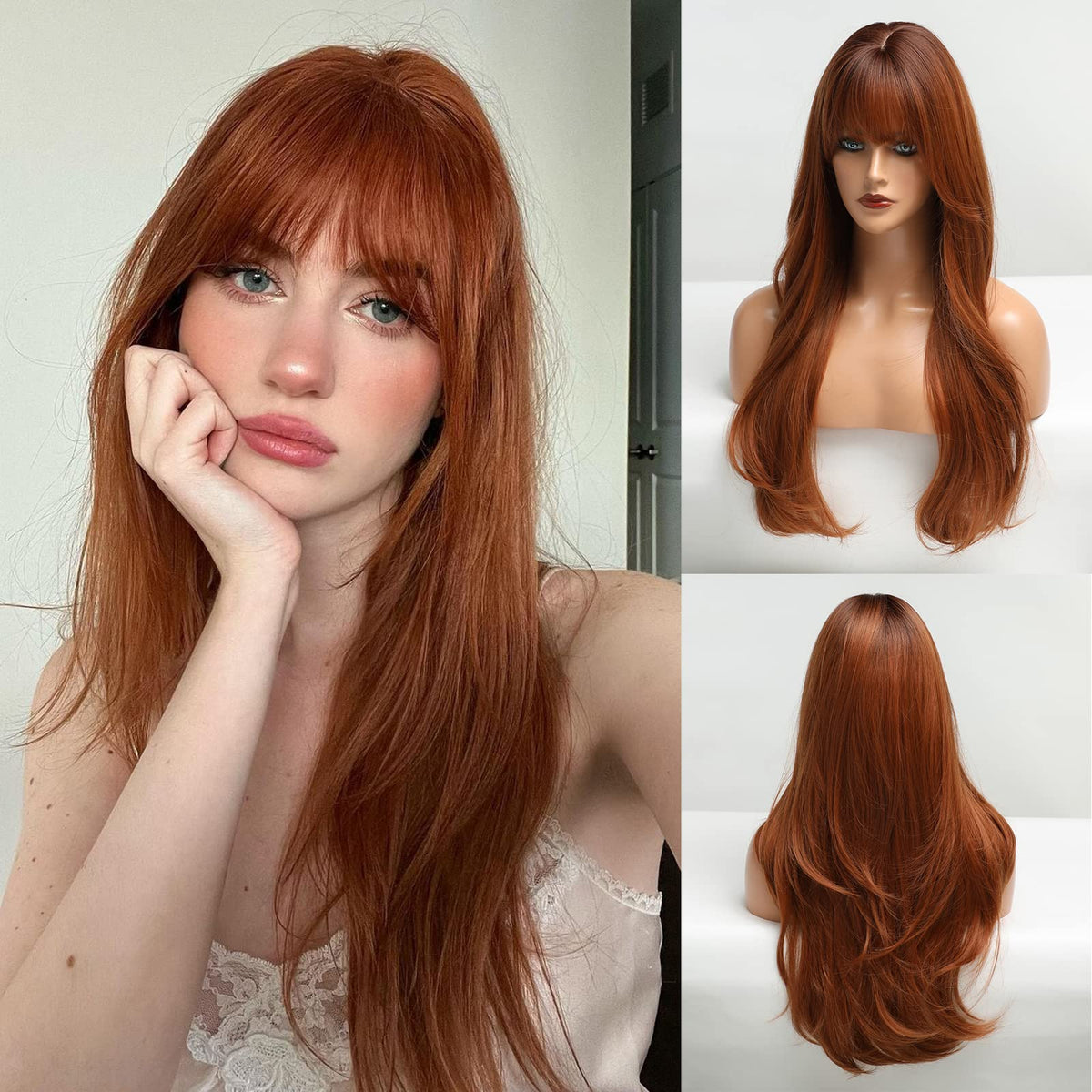 Haircube Long Auburn Wig With Bangs - Layered Curly Synthetic Hair For Women