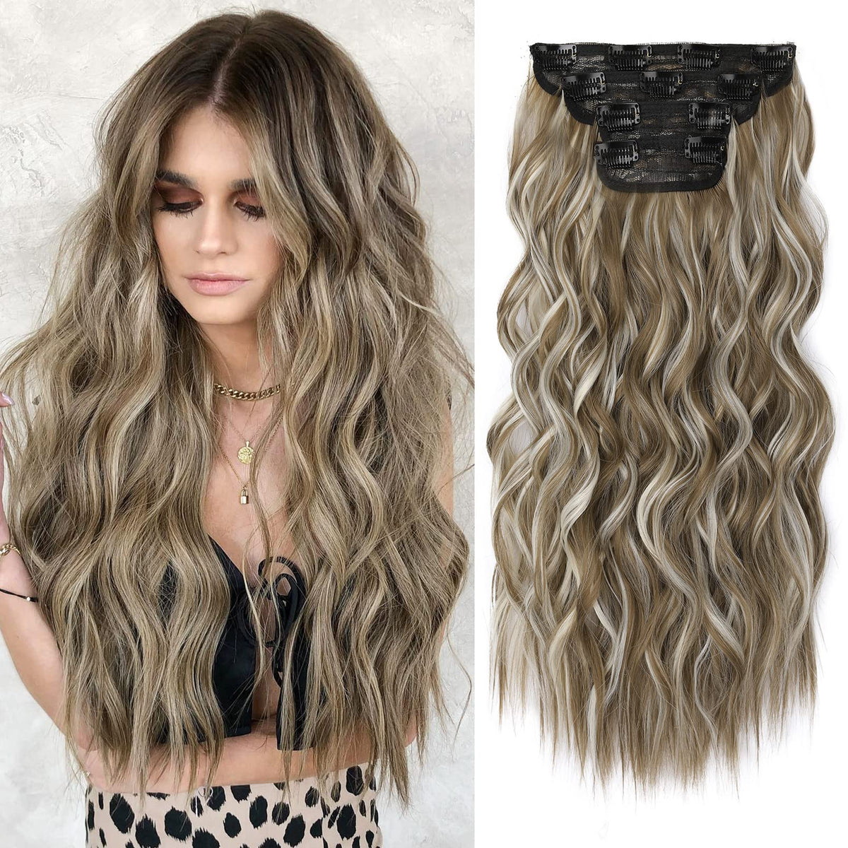 REECHO 20&quot; Clip in Hair Extensions, Light Brown with Highlights, 4PCS Synthetic Hairpieces