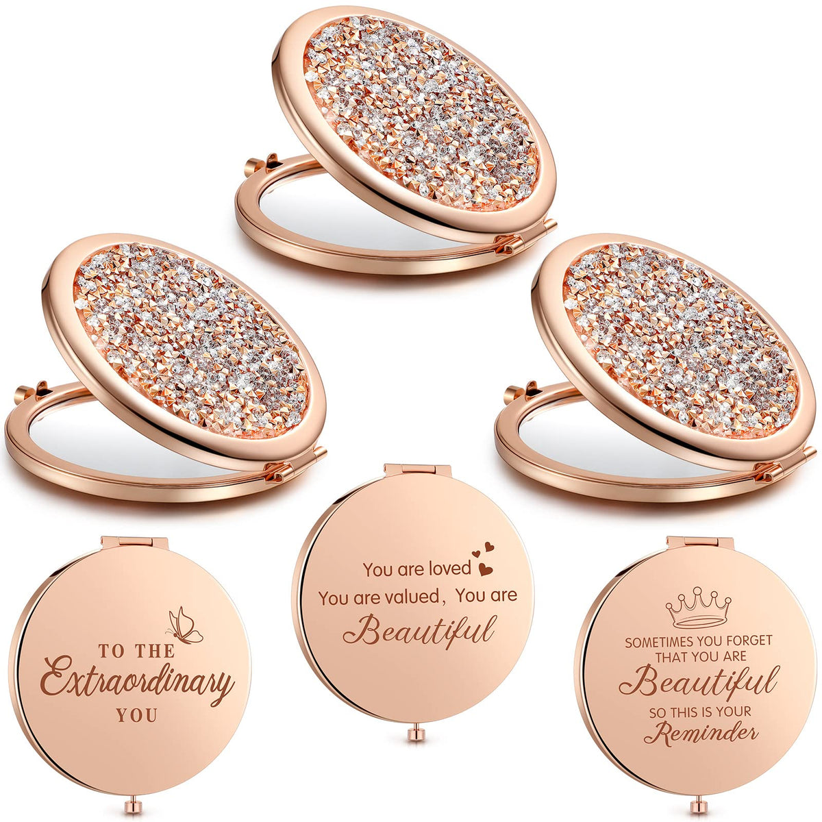 Chunful Rose Gold Compact Makeup Mirror - 3 Pieces 2.75&quot; Handheld Travel Mirror With Quote