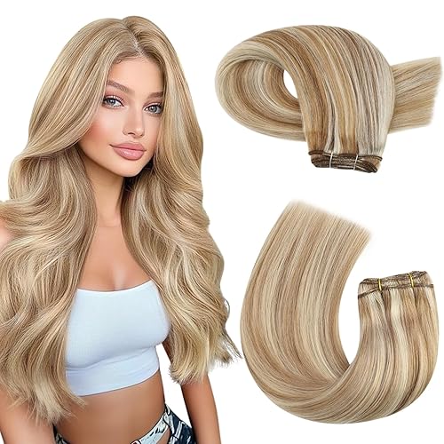 Moresoo 24&quot; Weft Hair Extensions - Blonde Highlights, Remy Human Hair, 100g Soft & Silky