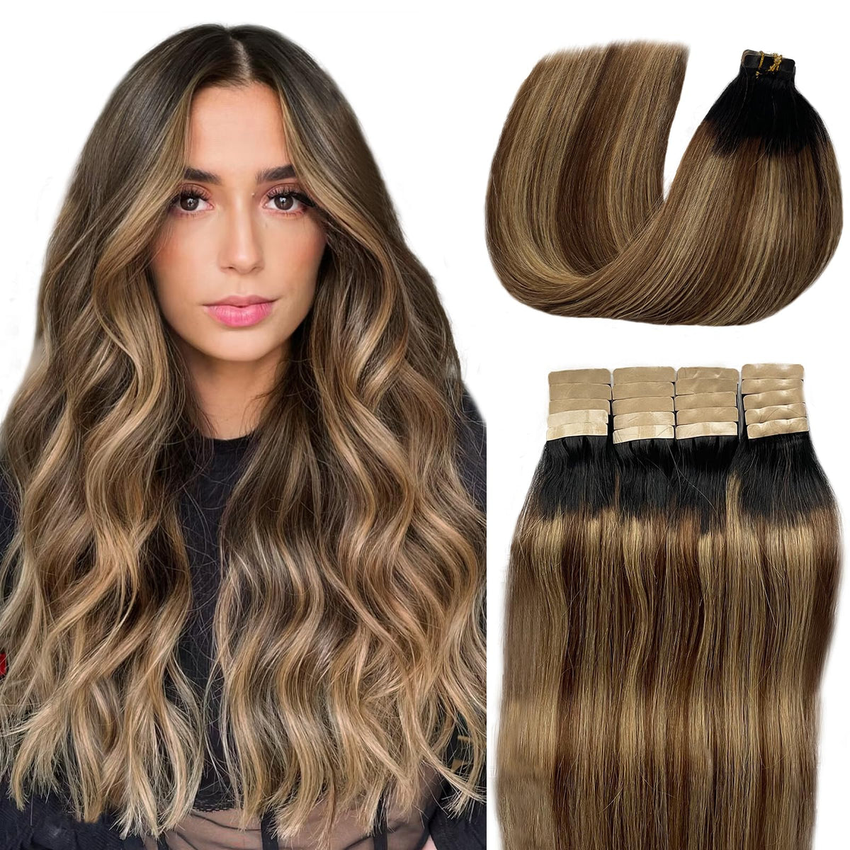 Munx 18&quot; Tape In Hair Extensions, Balayage Dark Black To Medium Brown, 40G, Real Human Hair