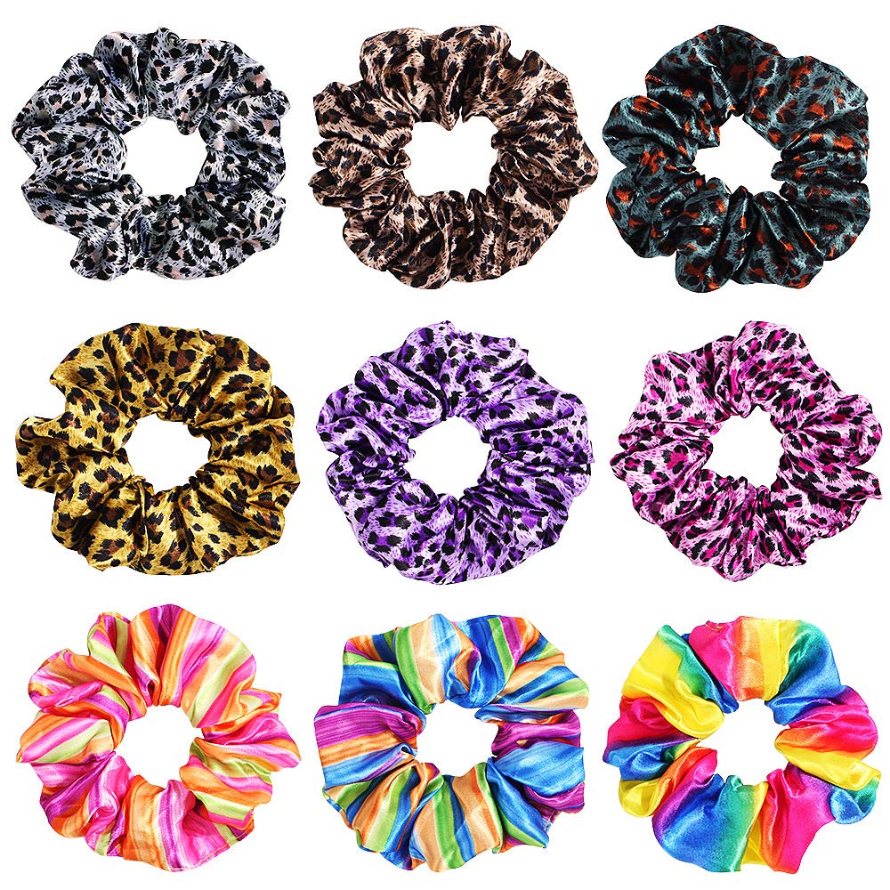 DINPREY 9 Pack Multi-colored Leopard Print Hair Scrunchies - Cheetah Fabric Ponytail Holders