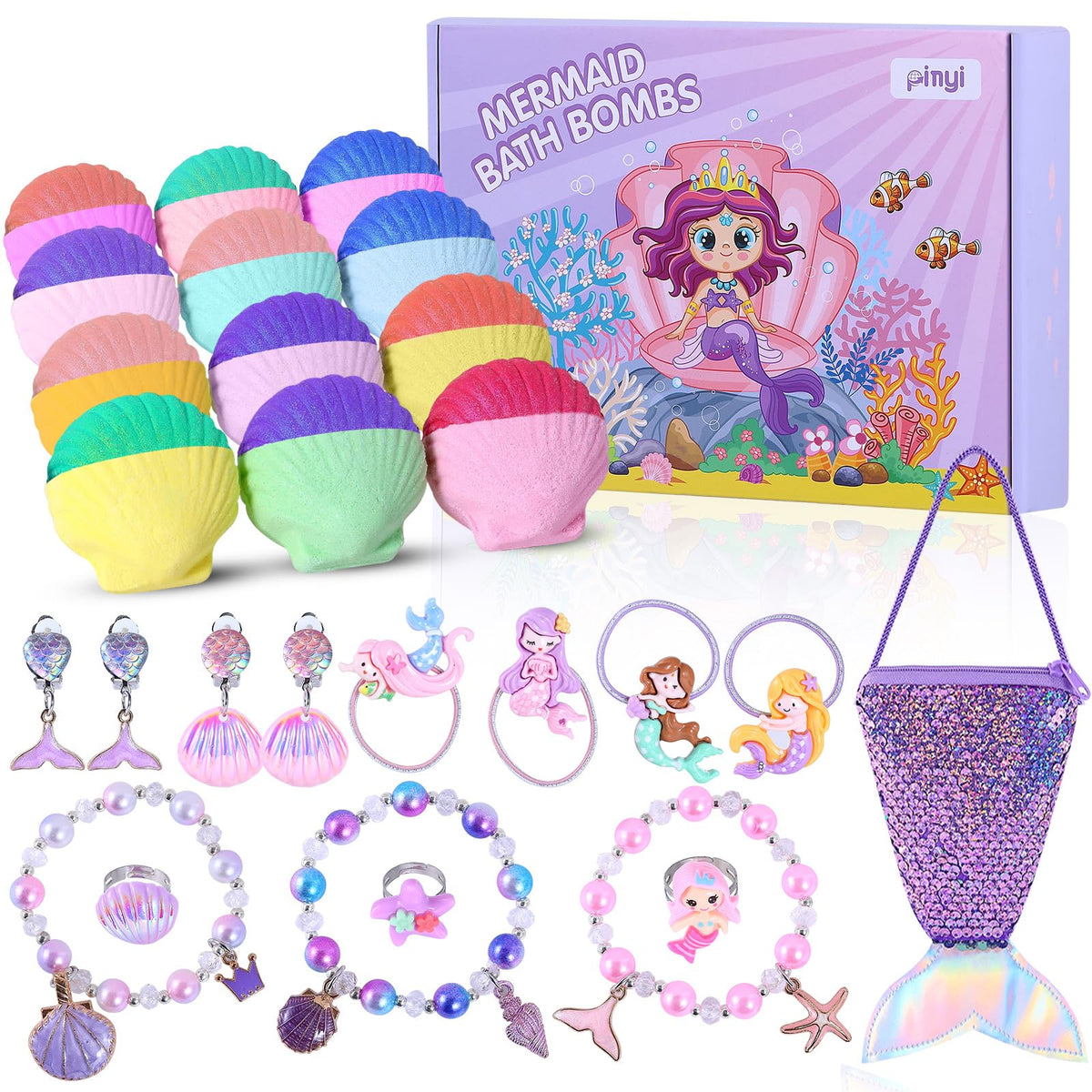 Pinyi Mermaid Bath Bombs For Girls, 12Pcs With Surprise Jewelry Toys, Bubble Bath Favors