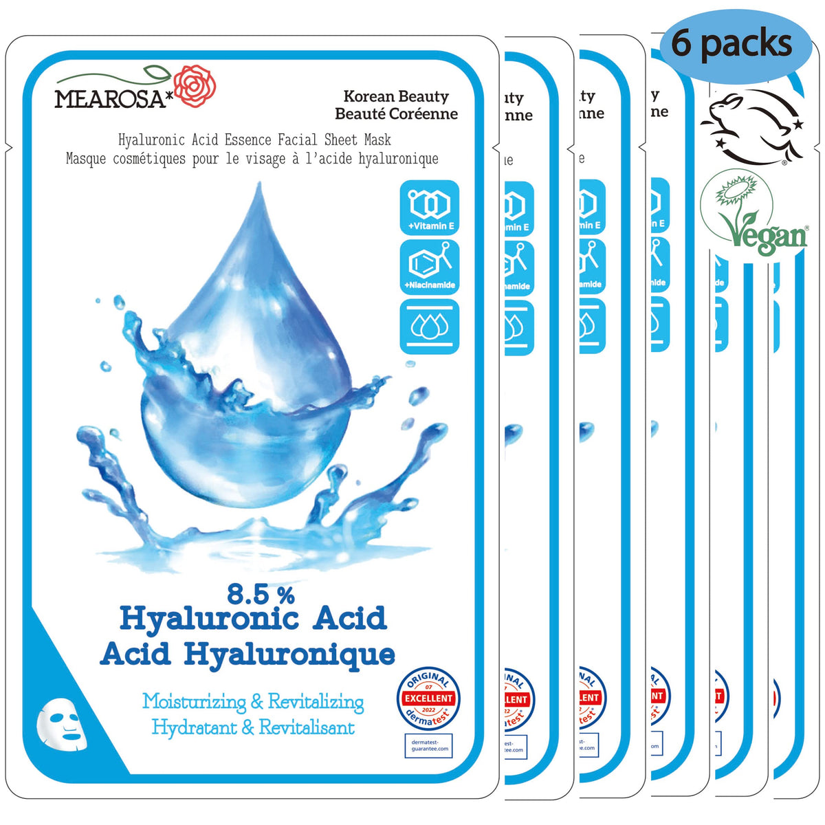 Mearosa 8.5% Hyaluronic Acid Facial Sheet Masks With Niacinamide & Vitamin E - 6 Premium Masks