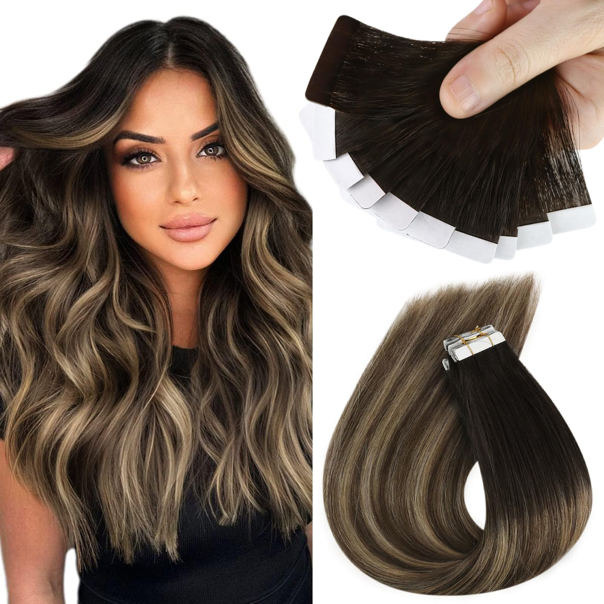 Sunny Hair 12&quot; Tape In Ombre Human Hair Extensions Black To Dark Brown Balayage, 25G