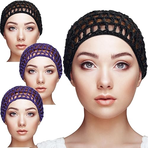 Geyoga 4 Pack Mesh Crochet Hair Net Snood Hat For Women - Black & Purple, Soft Cotton Polyester