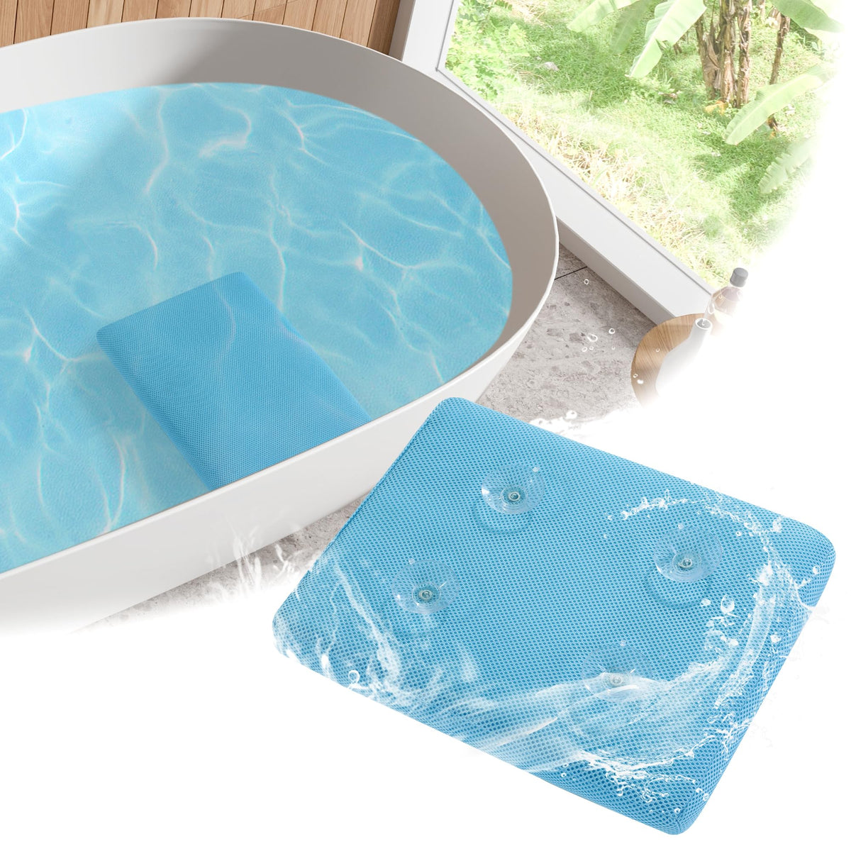 Mabozoo Bath Cushion With 4 Non-Slip Suction Cups, Quick Dry Mesh Spa Pillow, Blue