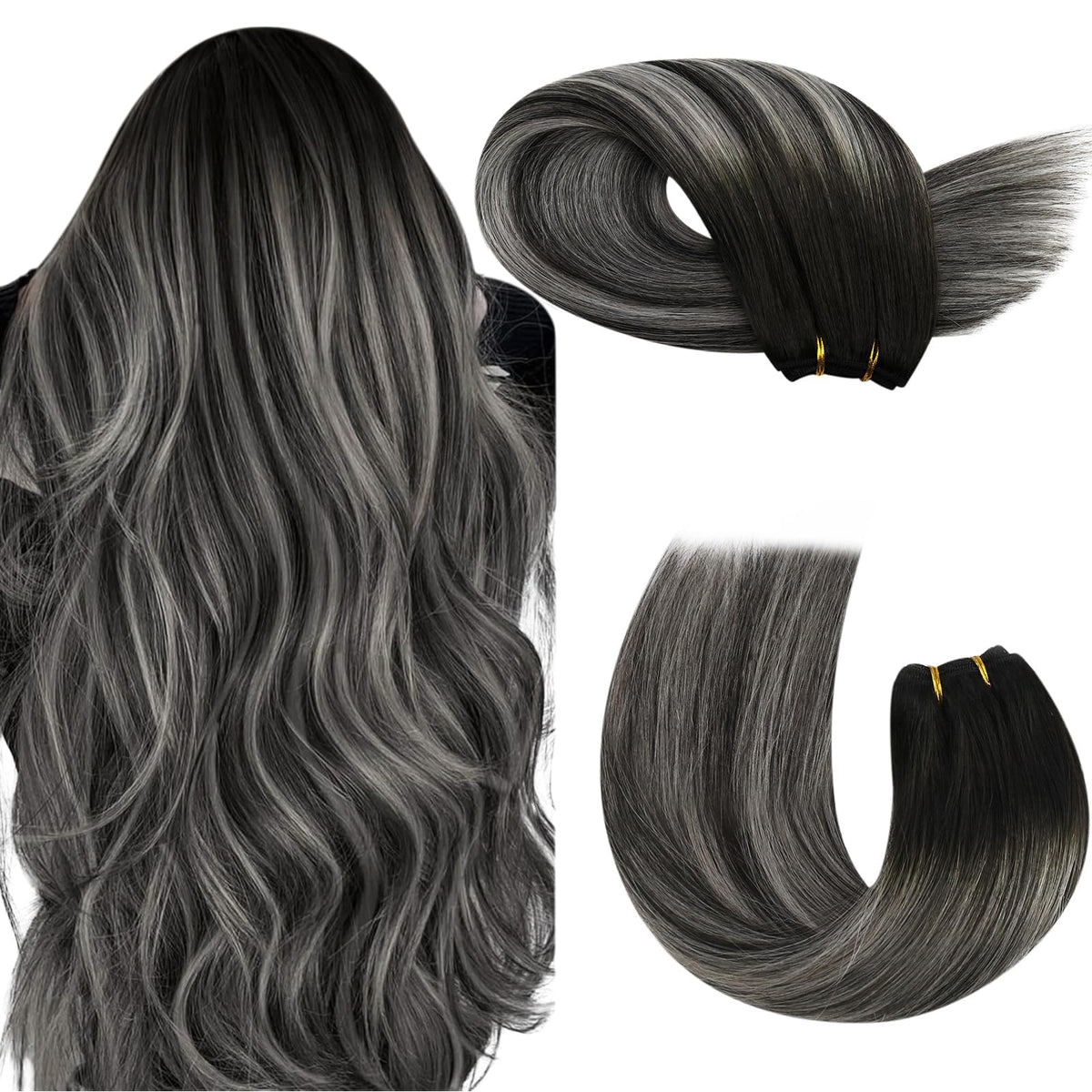 Moresoo 14&quot; Ombre Real Human Hair Extensions Weft Black/Silver Balayage 100g Double Weft