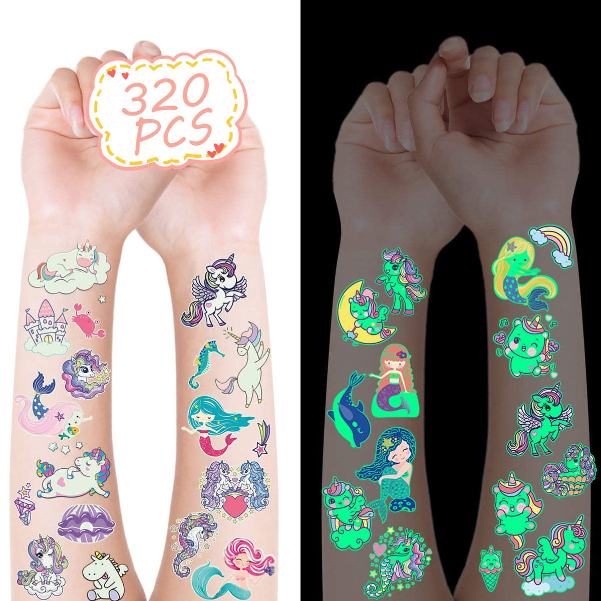 Metker 320Pcs Kids Luminous Waterproof Temporary Tattoos - Unicorn & Mermaid Glow Party Supplies