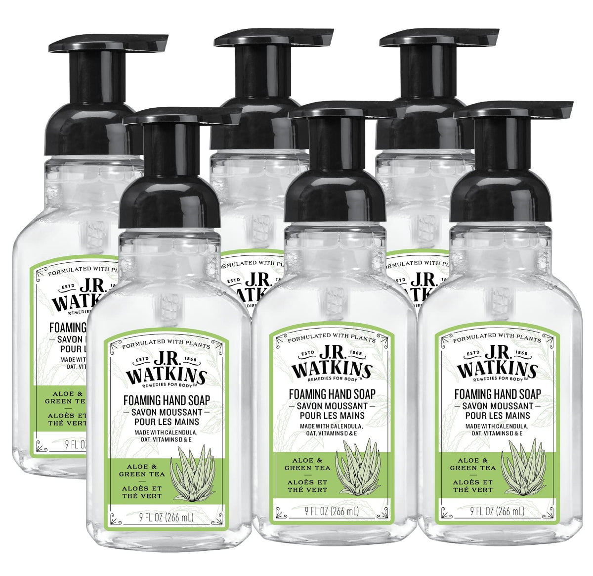 J.R. Watkins Aloe & Green Tea Foaming Hand Soap, 9 Fl Oz, 6 Pack, Moisturizing, Cruel