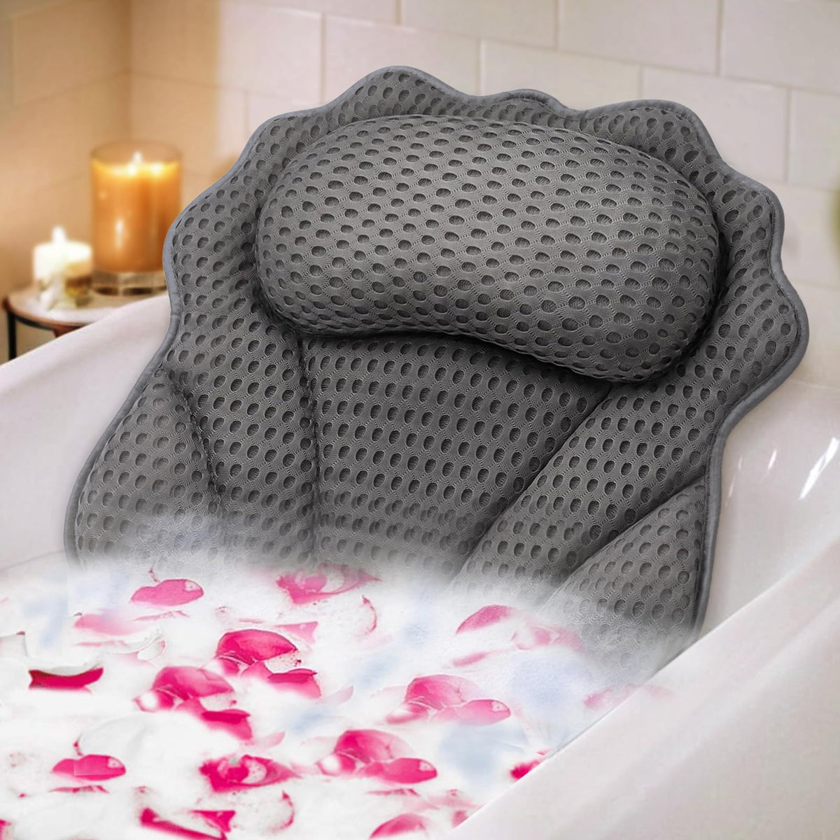 Ruvince Grey Ergonomic Luxury Bath Pillow With 6 Suction Cups For Head, Neck & Back Support