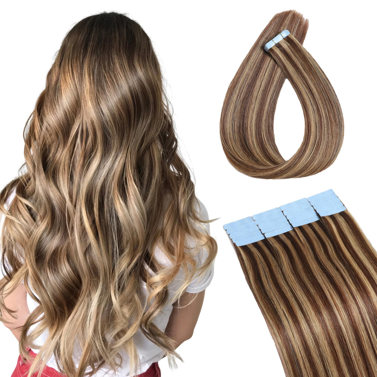 Icyfim 20&quot; Tape In Human Hair Extensions #4P27 Chocolate To Caramel Brown 100% Remy, 50