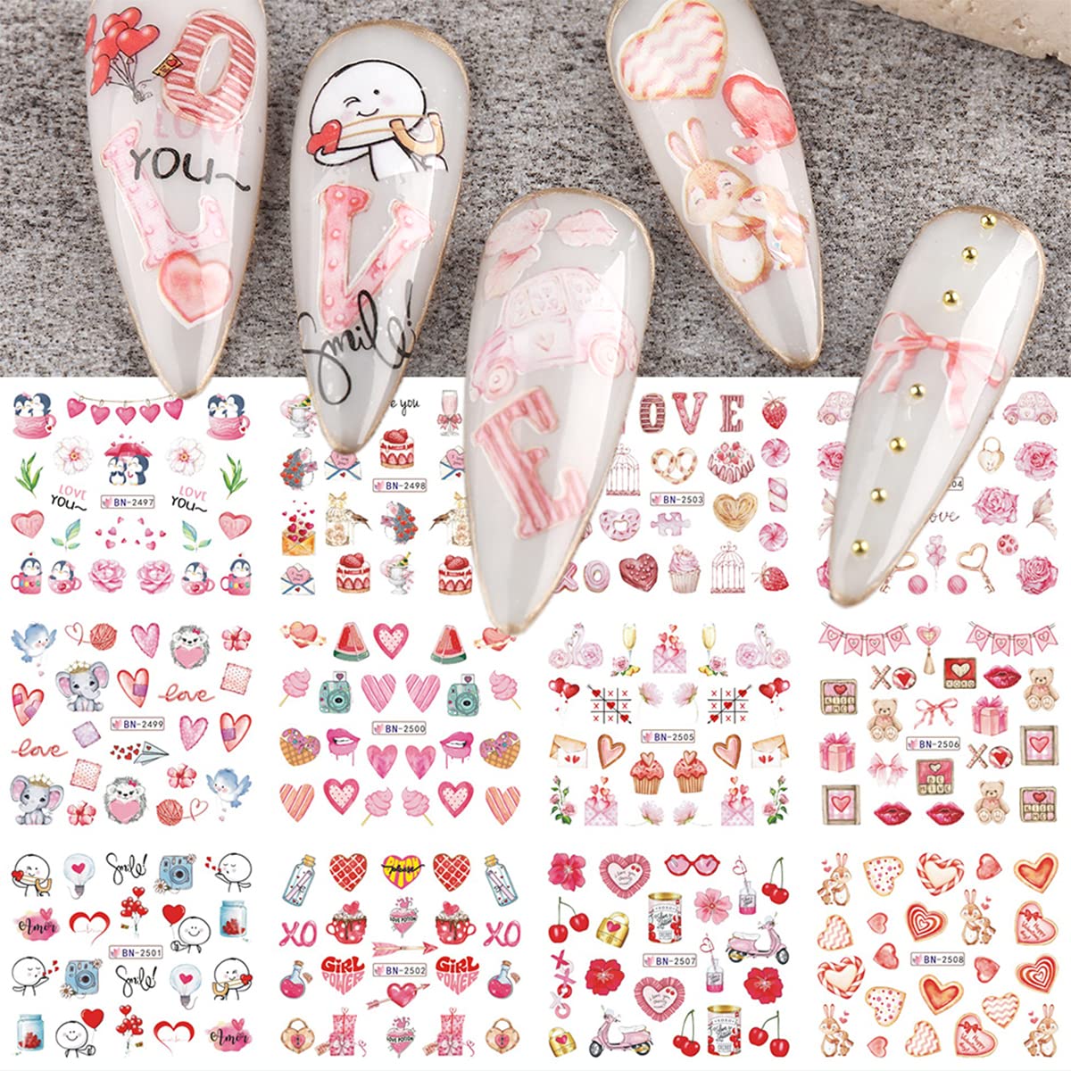 Mangoit Pink Love Nail Stickers - 12Pcs Cute Animal Water Decals For Valentine'S Day Nail Art