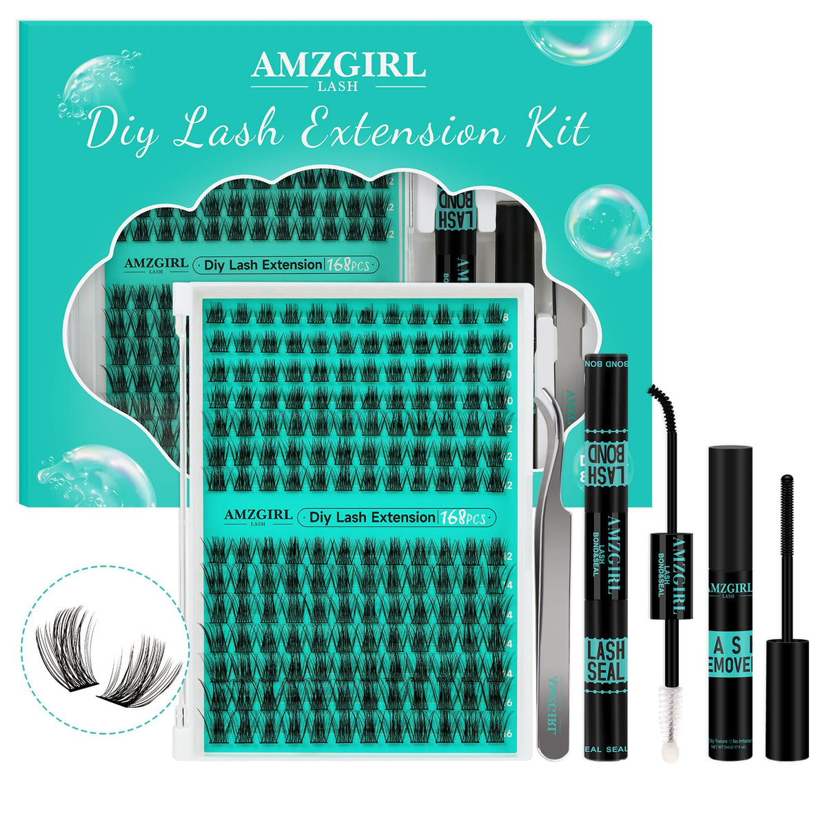 Amzgirl Lash Lash Extension Kit 168 Pcs, Diy Eyelash Clusters, Bond & Seal Glue, Waterproof