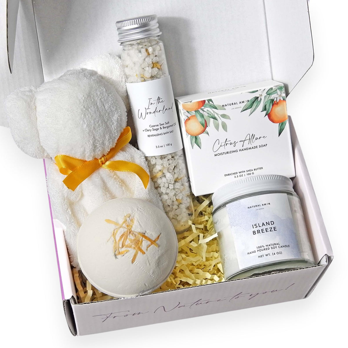 Natural Amor Spa Gift Set For Women - 5Pcs Citrus Soap, Soy Candle, Bath Salt & Bomb