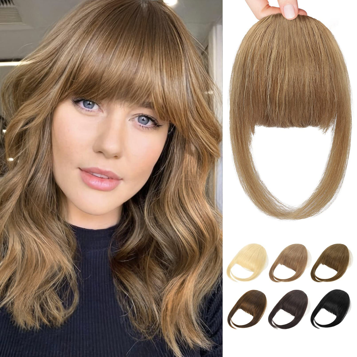 REECHO 100% Human Hair Clip in Bangs - Thick Full Fringe, Natural Yellow Blonde, 3 Secure Clips