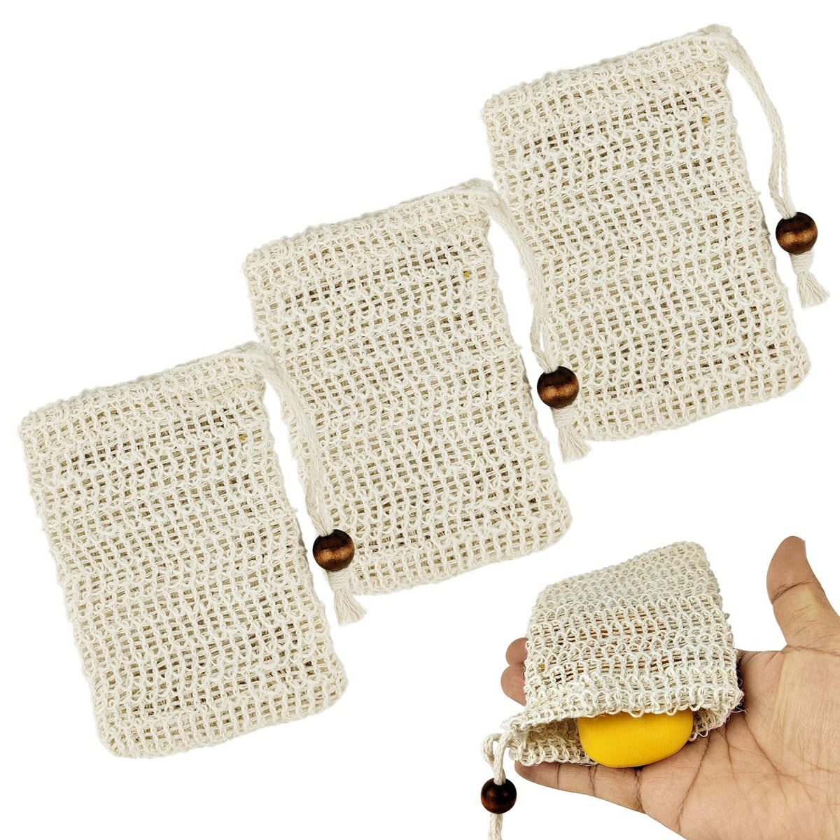 Gaadskcer 3 Pcs Natural Sisal Soap Saver Bags For Shower Foam & Exfoliation