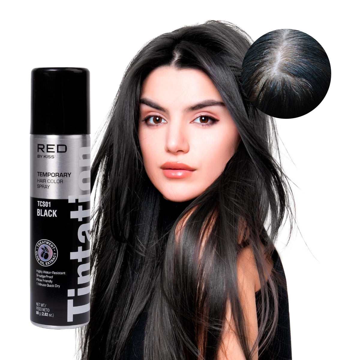 Red By Kiss Tintation Temporary Hair Color Spray - Instant Gray Root Cover Up, Water-Resistant, Black