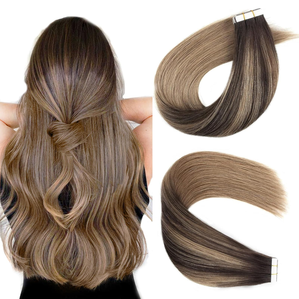 Lovrio 18&quot; 20Pcs Remy Tape In Hair Extensions Balayage Dark To Chestnut Brown Human Hair