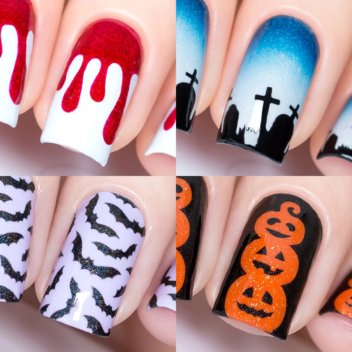 Whats Up Nails Halloween Nail Vinyl Stencils 4 Pack - Dripping, Graveyard, Bats, Pumpkin