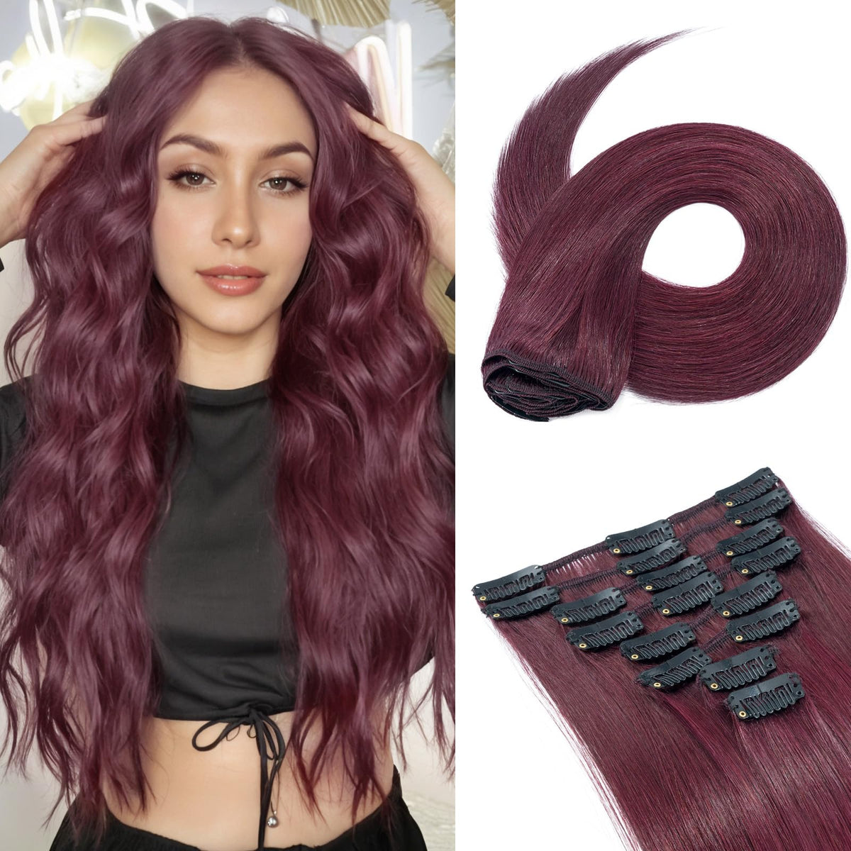 Benehair 18&quot; Clip-In Human Hair Extensions - Wine Red Remy Hair, 8Pcs, No Tape, No Glue