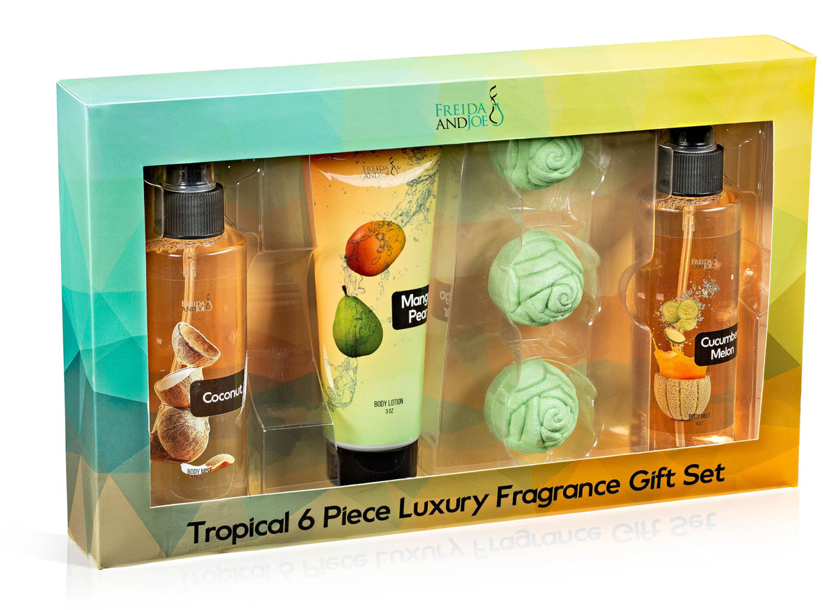 Freida And Joe Luxury Body Mist Gift Set - Coconut, Cucumber, Mango Pear, Bath Fizzer, 6-Piece