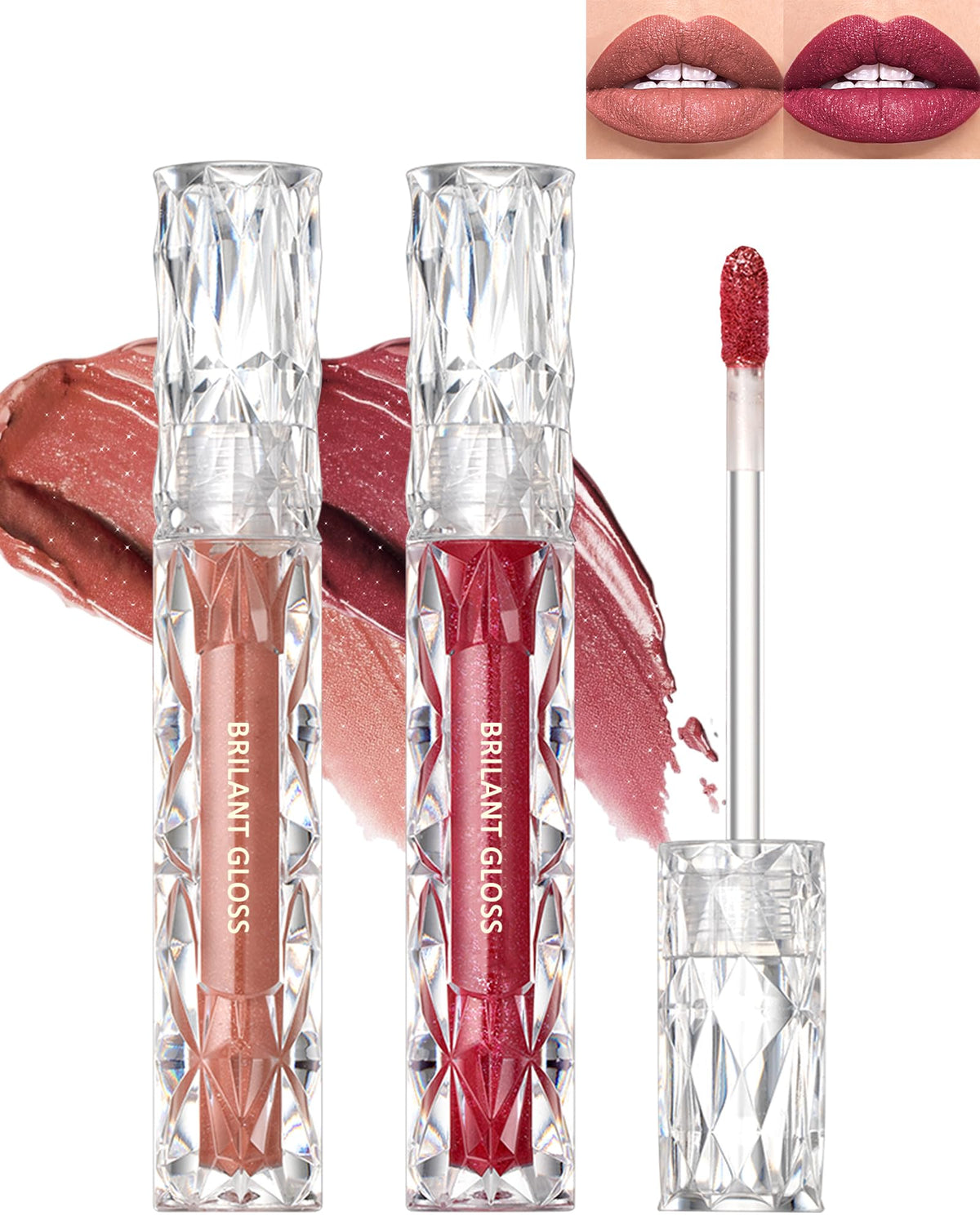 Lestpola Glitter Lip Gloss - 2Pcs Diamond Shimmer Matte Lipstick, Waterproof, Longlasting 03+04