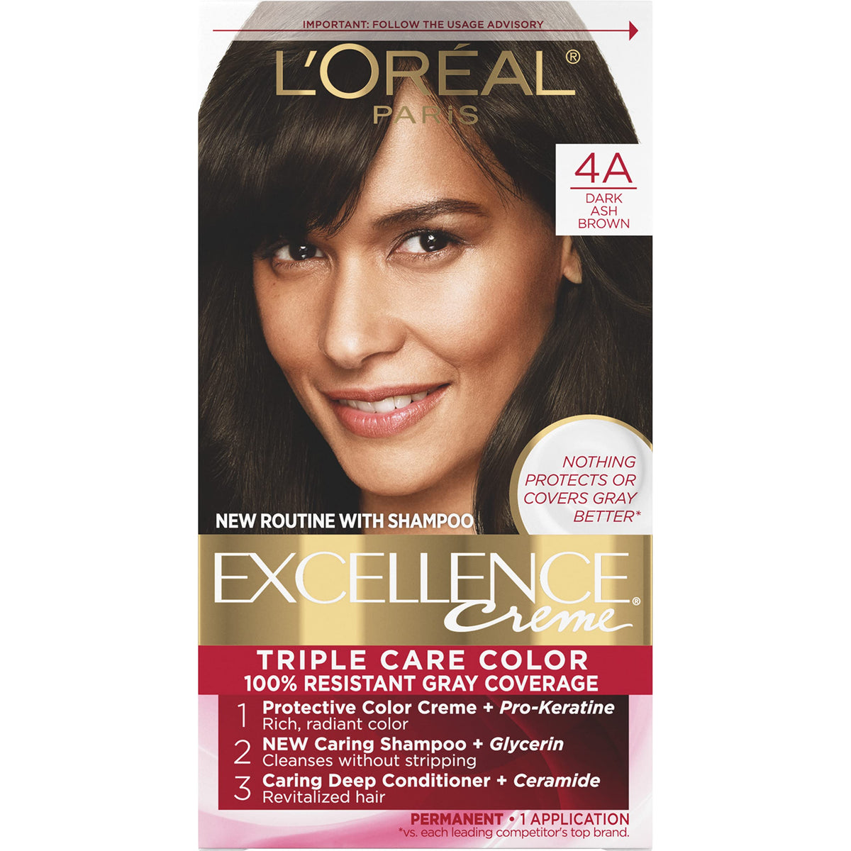 L'Oreal Paris Excellence Creme Hair Color 4A Dark Ash Brown, 8 Weeks Gray Coverage, 1 Count