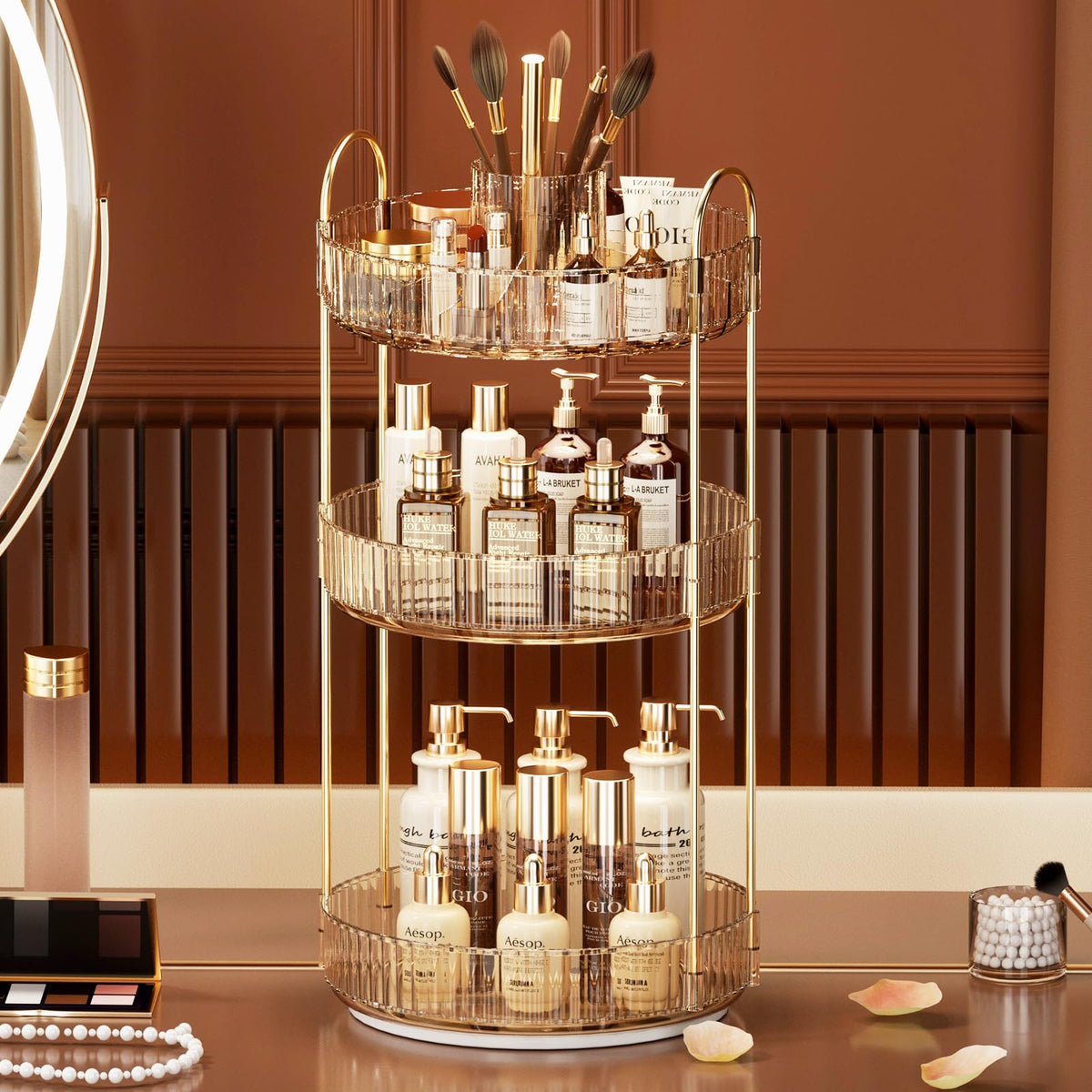 Oifecsie 360° Rotating Makeup Organizer - Large 3 Tier Cosmetic Storage In Honorable Gold