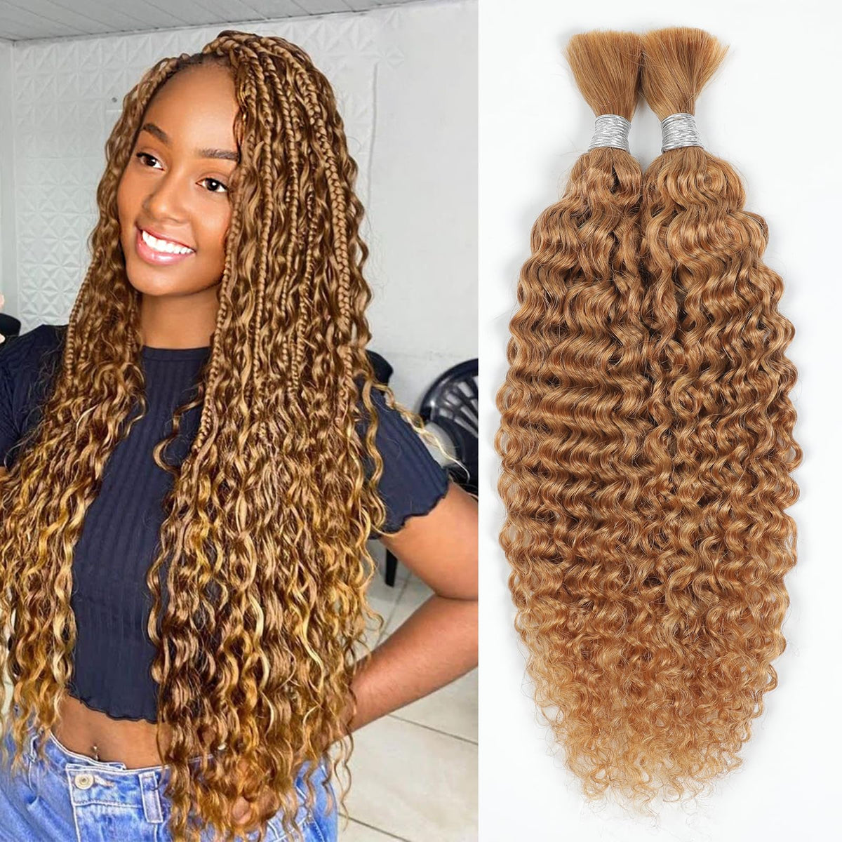 Showcoco 20&quot; Water Wave Human Hair Extensions 2 Bundles 100G No Weft Boho Braids 27#