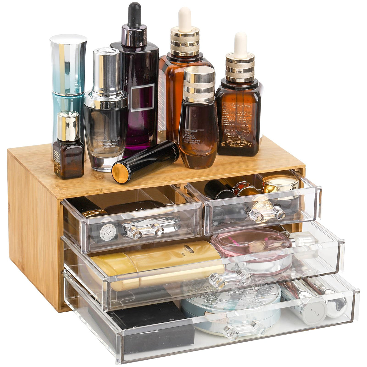 Okllen Bamboo Makeup Organizer With 4 Acrylic Drawers - Clear Cosmetic & Jewelry Storage Box