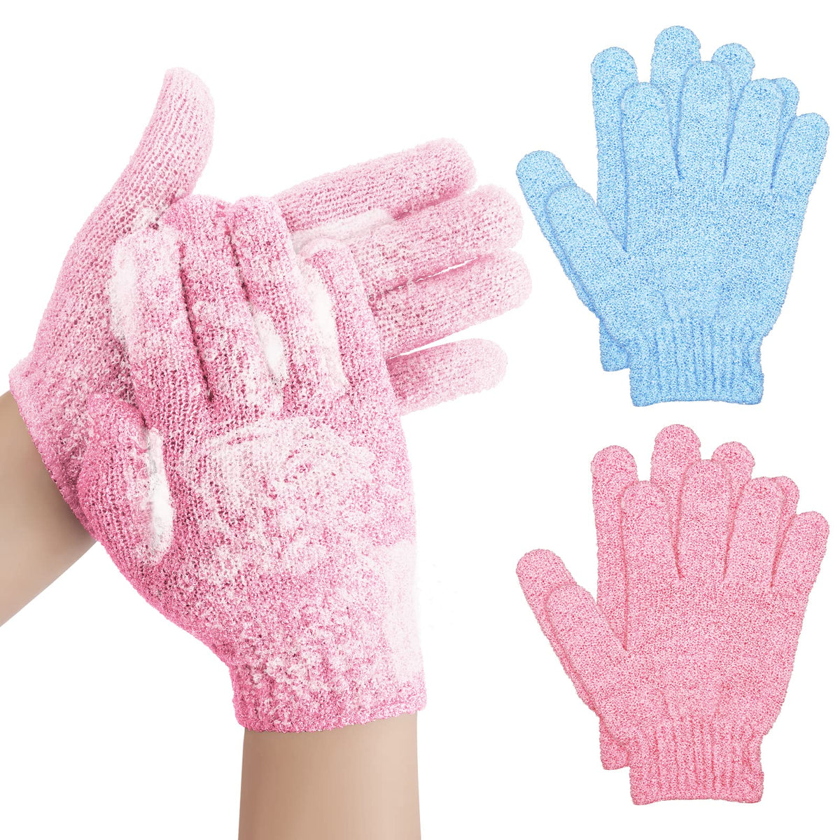 Sibba Pink Loofah Bath Gloves - Exfoliating Microfibre Wash Gloves For Body & Face, 4 Count