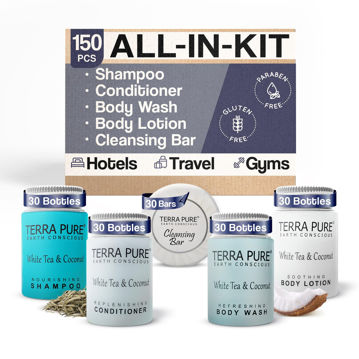 Terra Pure Travel Toiletries Set - 154 Piece White Tea & Coconut Amenities Kit