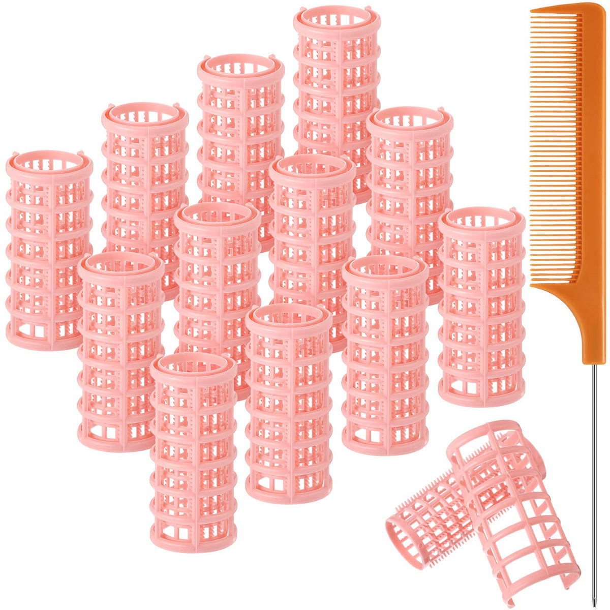 Syhood 12 Pieces Hair Rollers Set - Large Plastic Curlers & Steel Pintail Comb, Peach Color