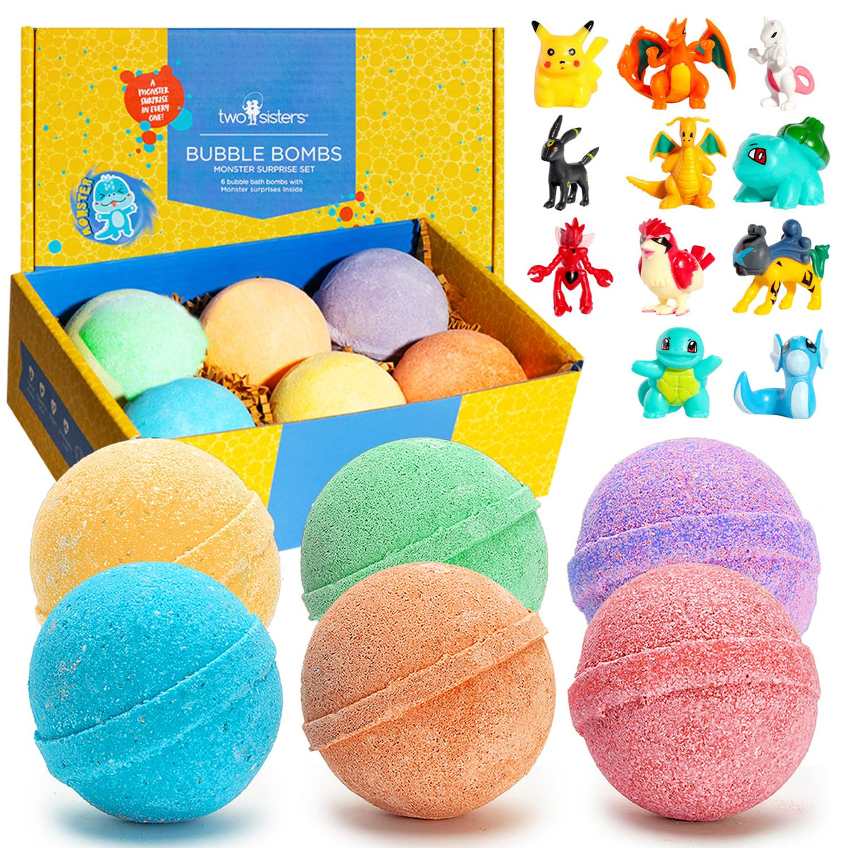 Poke Monster Bath Bombs By Two Sisters - 6 Pack With Surprise Toys, Fruity Scents, Skin-Safe