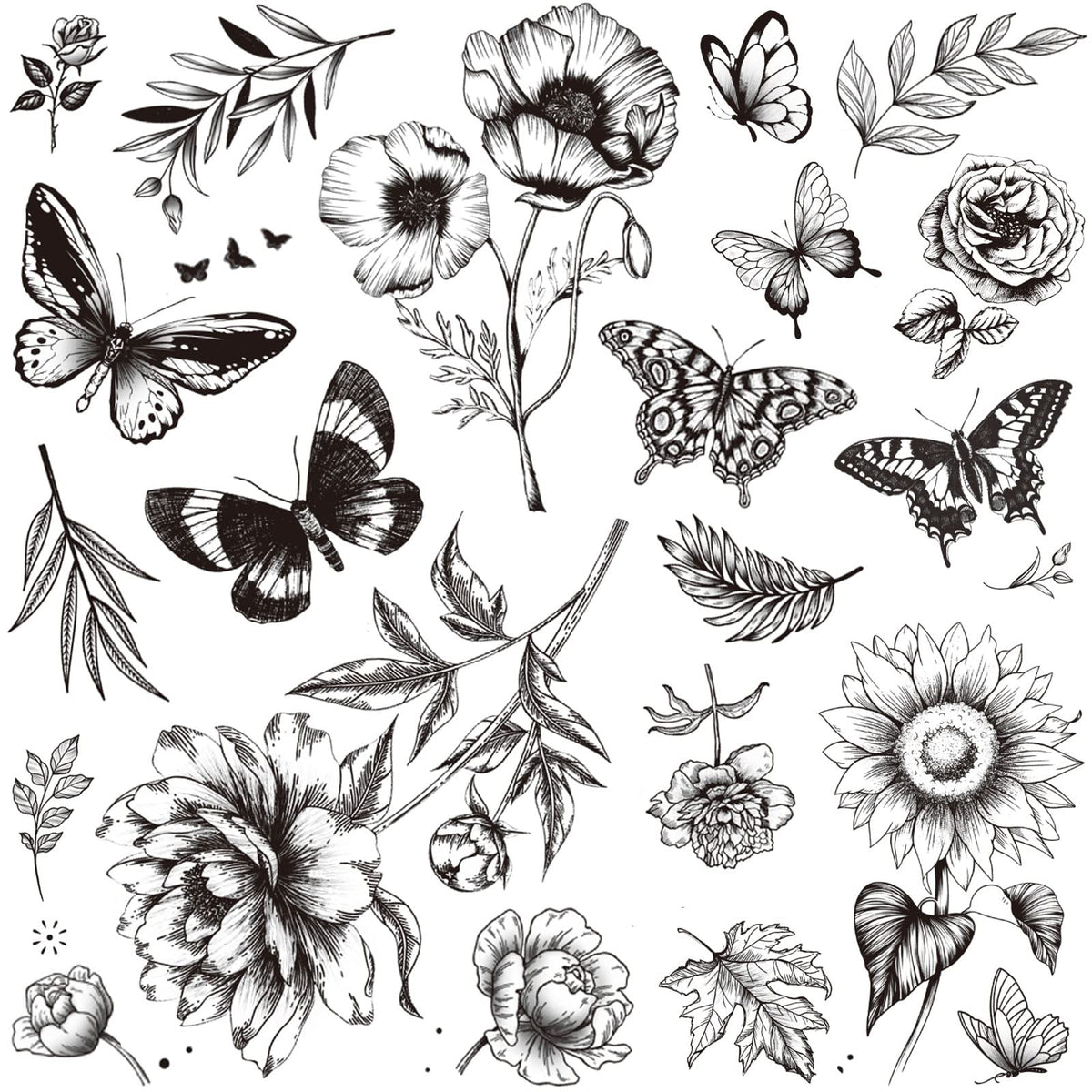 Tazimi Black Flower Butterfly Temporary Tattoos - Waterproof Body Art For Women & Girls