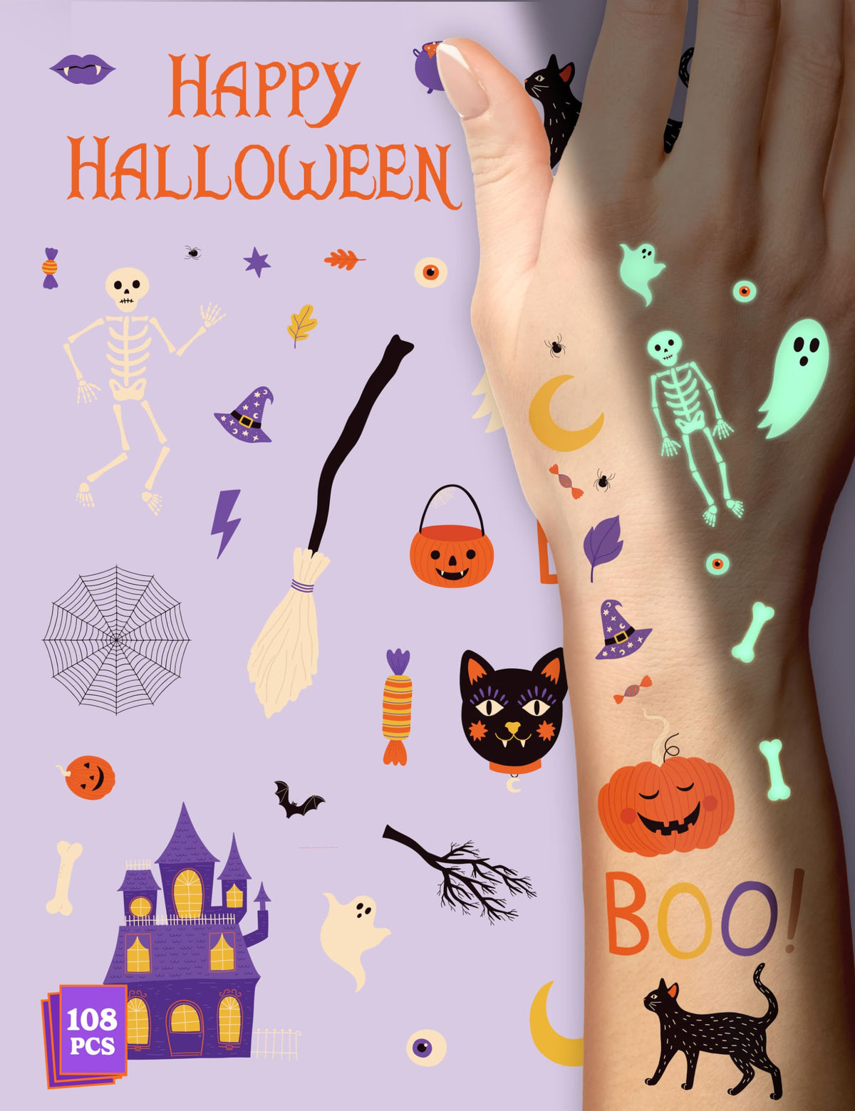 House Of Party Glow In The Dark Halloween Temporary Tattoos For Kids - 108 Non-Toxic Stickers