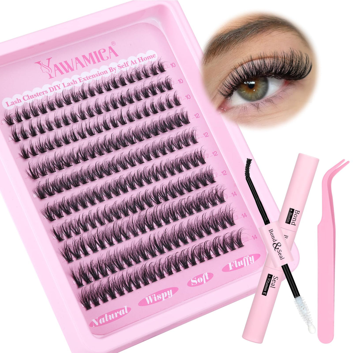 Yawamica Wispy Fluffy Lash Clusters Kit - Cc Curl, 10-14Mm Faux Mink, Waterproof Bond & Seal