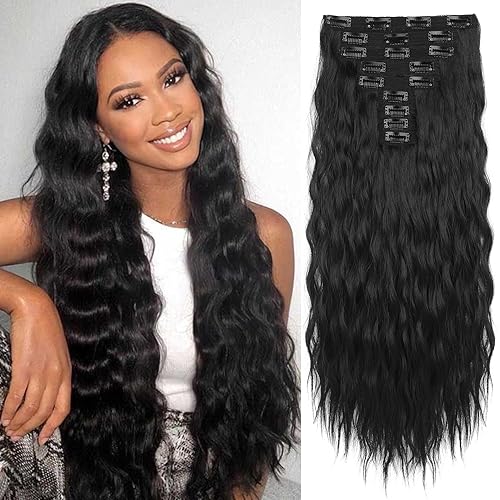 REECHO 24&quot; Black Clip-In Hair Extensions, 9PCS Mini Mermaid Wave, Lightweight Synthetic Fiber