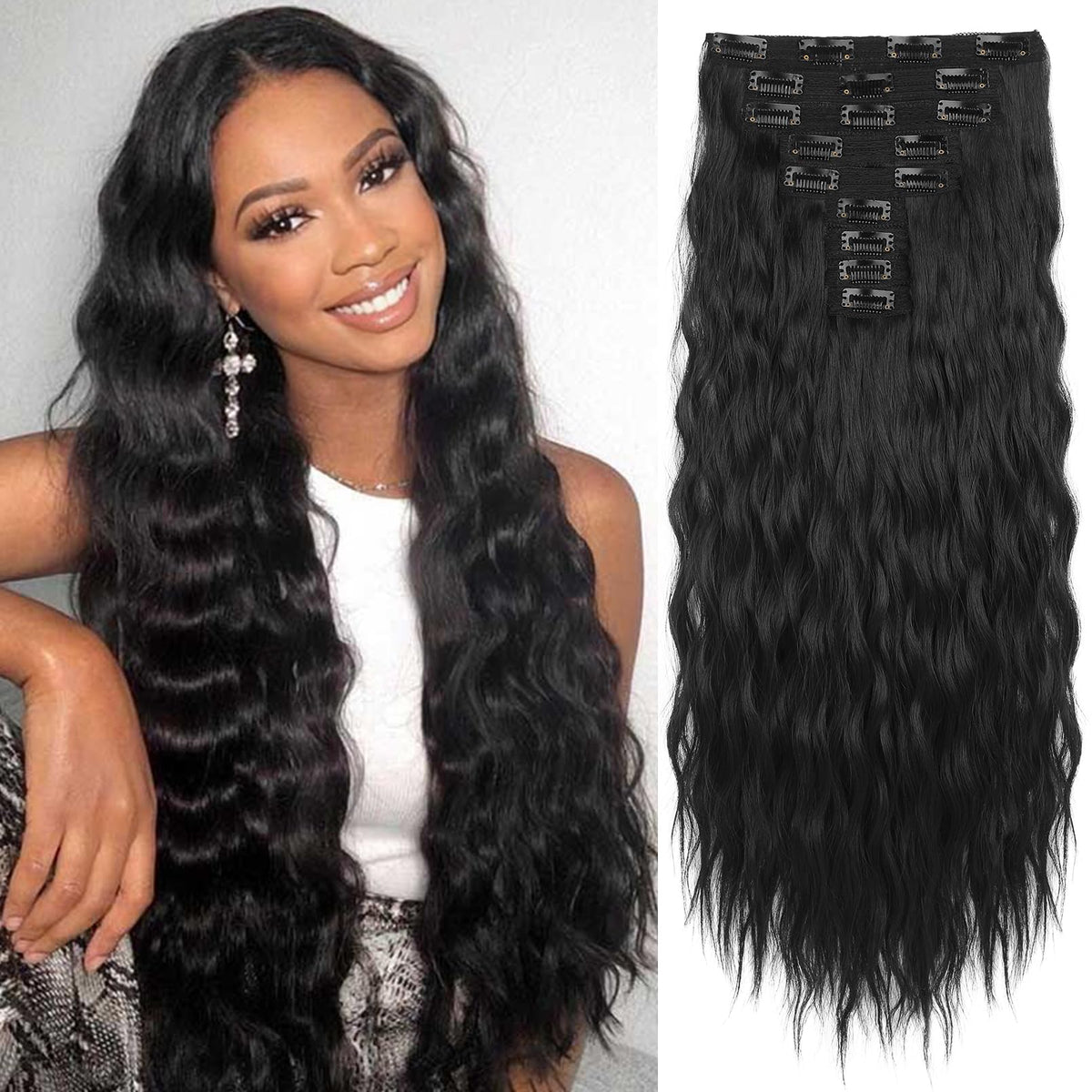 REECHO 24&quot; Clip In Hair Extensions, 9PCS Mini Mermaid Wave, Ash Brown, Lightweight Synthetic Fiber