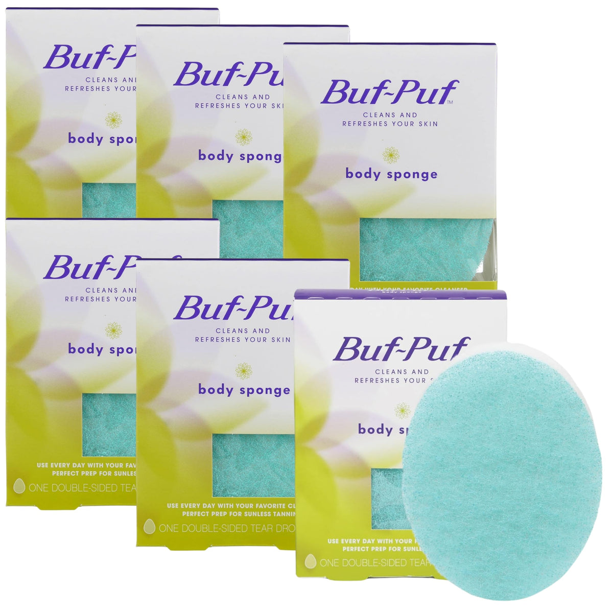 Buf-Puf Body Sponge - Exfoliating Bath Sponge, Reusable, 6 Count, Dermatologist Developed, Blue/White