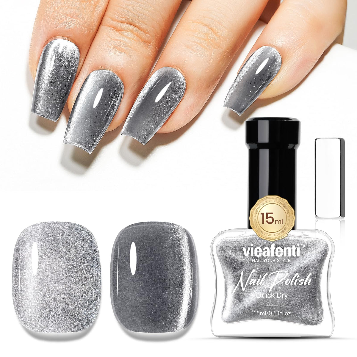 Vieafenti Silver Cat Eye Nail Polish 15Ml - Quick Drying Magnetic Gel For Ladies