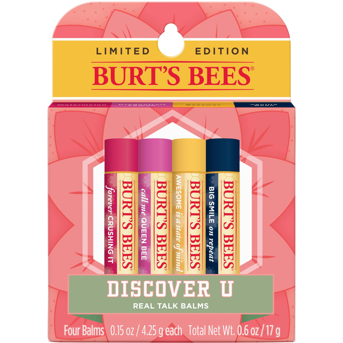 Burt'S Bees Lip Balm 4 Pack - 100% Natural Moisturizing Care In Original Beeswax, Watermelon, Dragonfruit